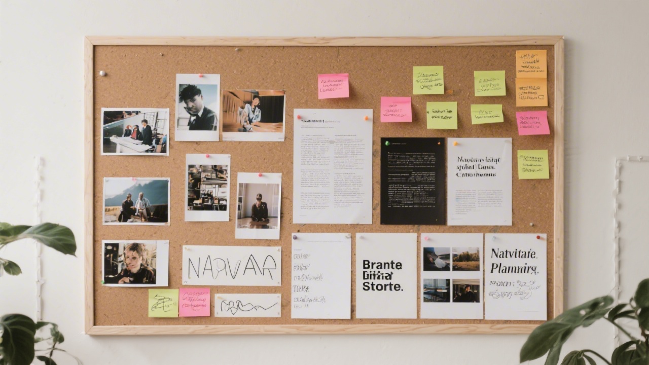 Open notebook filled with brand narrative notes, alongside printed photography and a laptop screen showing a storytelling framework for a cultural brand project.