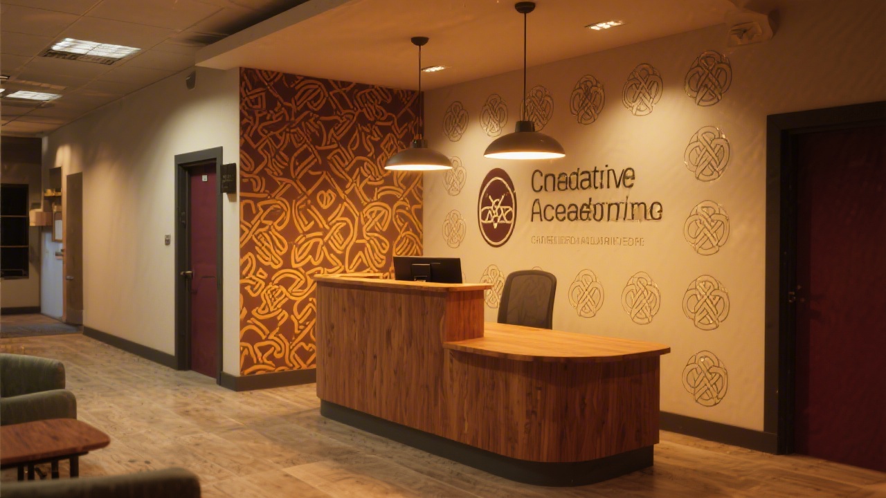 Reception area with a wooden desk, warm lighting, and a subtle Celtic pattern wall, creating a welcoming contact point for a creative academy.