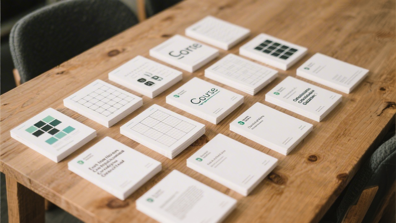 Neatly arranged course cards on a wooden table showing grid layouts, typography samples, and printed brand guidelines for a modern Irish creative education setting.