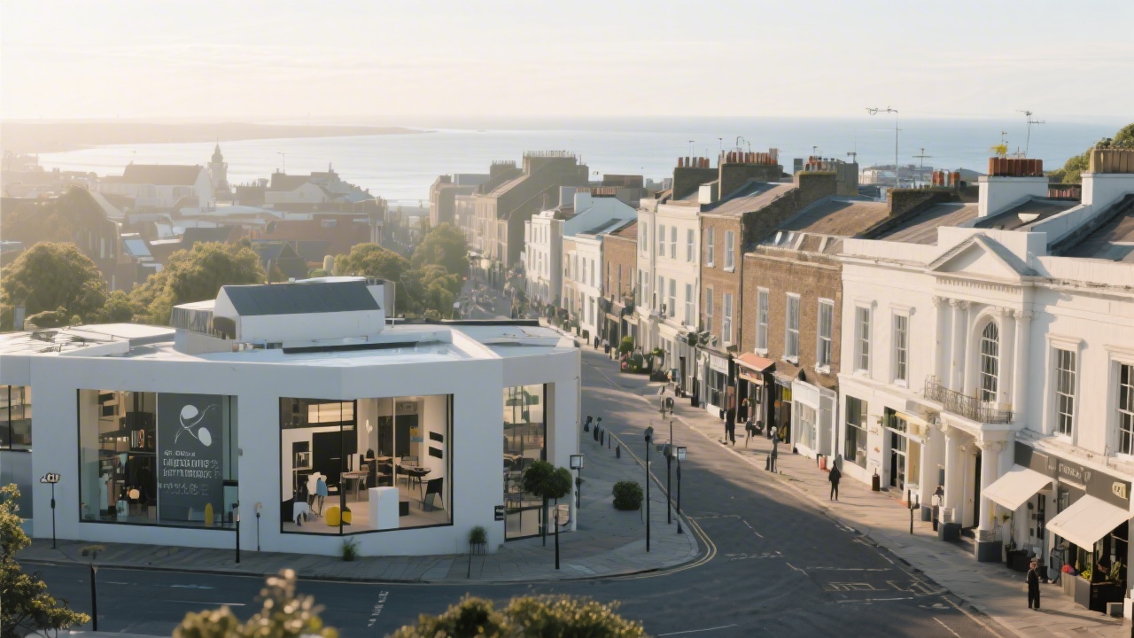 Panoramic view of Dublin’s Georgian streets with modern creative studios nearby, soft morning light and distant coastline hinting at Ireland’s cultural mix and design energy.