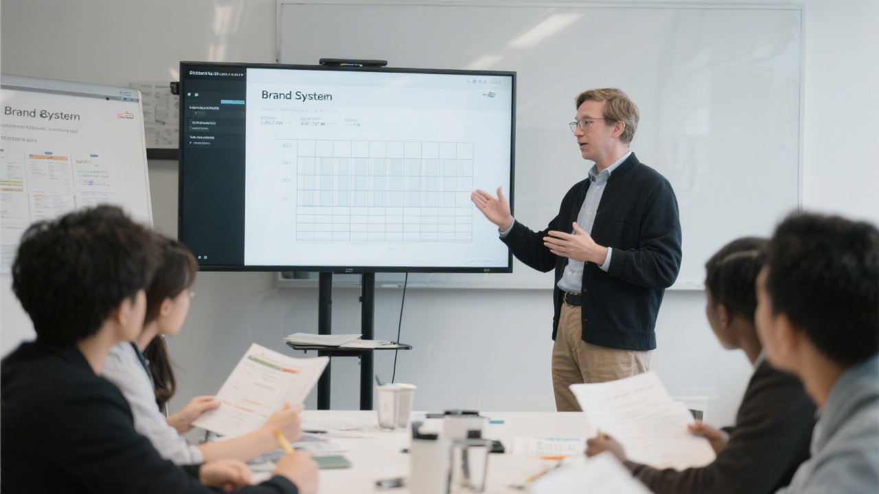 Instructor presenting a brand framework on a projection screen to a small group, with laptops open and note-taking visible, reflecting structured teaching and mentor support.