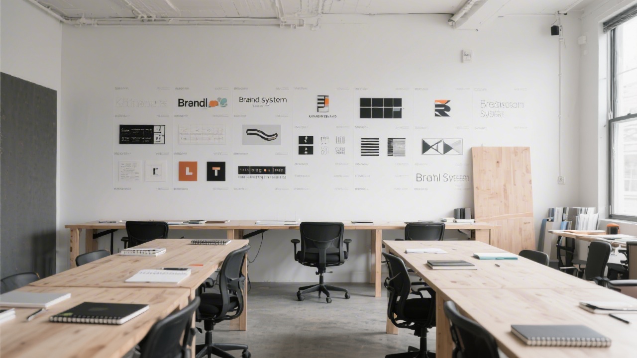 Spacious studio with long tables, printed brand boards, and subtle Celtic line patterns on the wall, conveying a calm academic environment for creative focus.