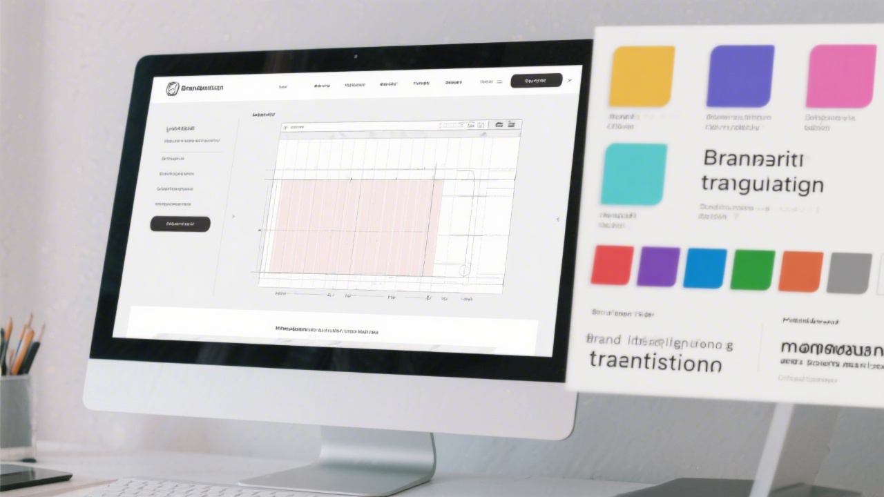 Design lab featuring a large monitor with website wireframes, color swatches, and sticky notes, illustrating the link between interface layout and brand identity decisions.