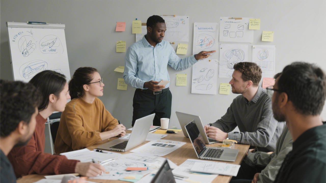 Bright workshop room with long desks, sketchbooks, and laptops, where learners collaborate on brand frameworks and moodboards in a calm, professional studio.
